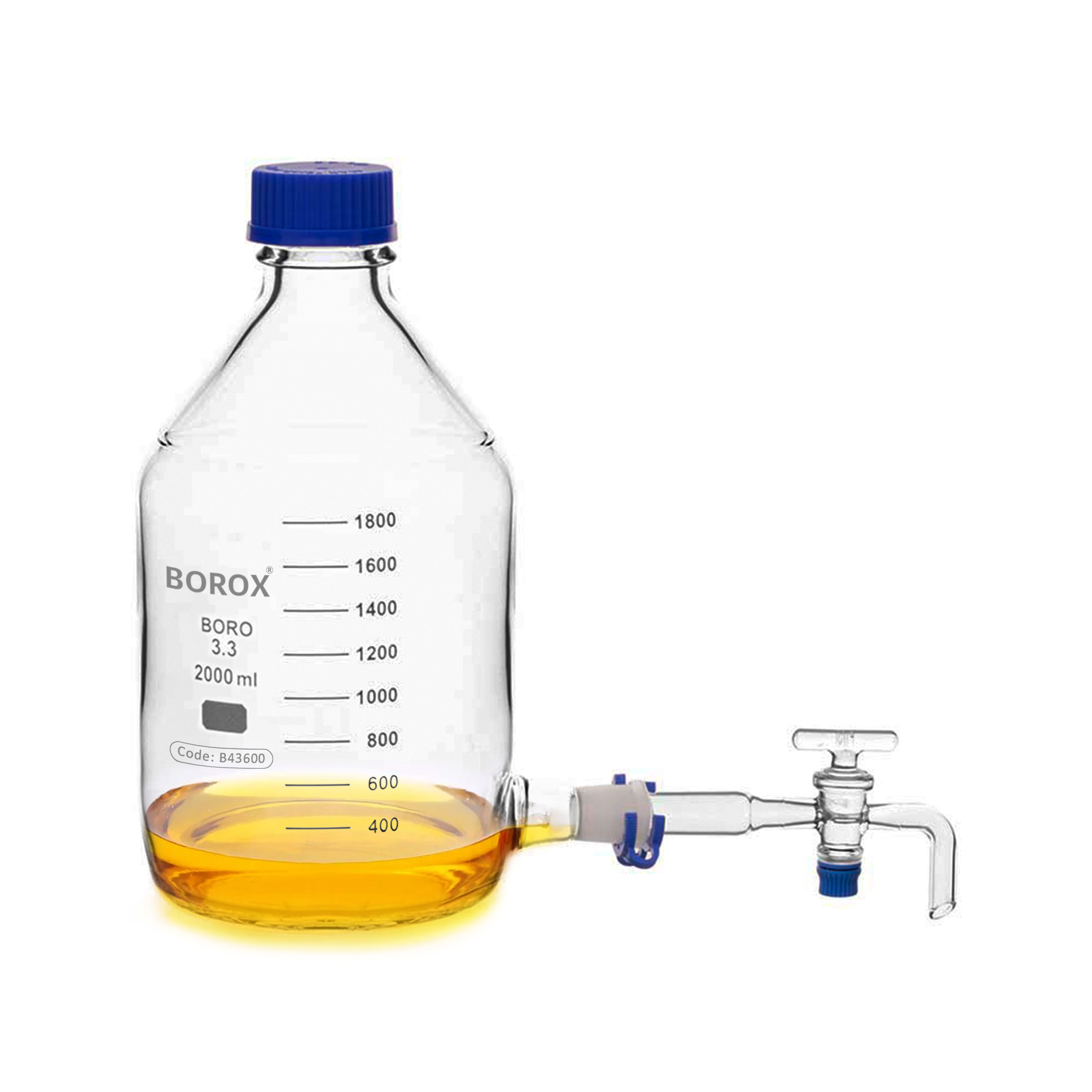 Glass Aspirator Bottle - Clear - Graduated - with Stopcock, Pouring Ring and GL45 Blue Screw Cap