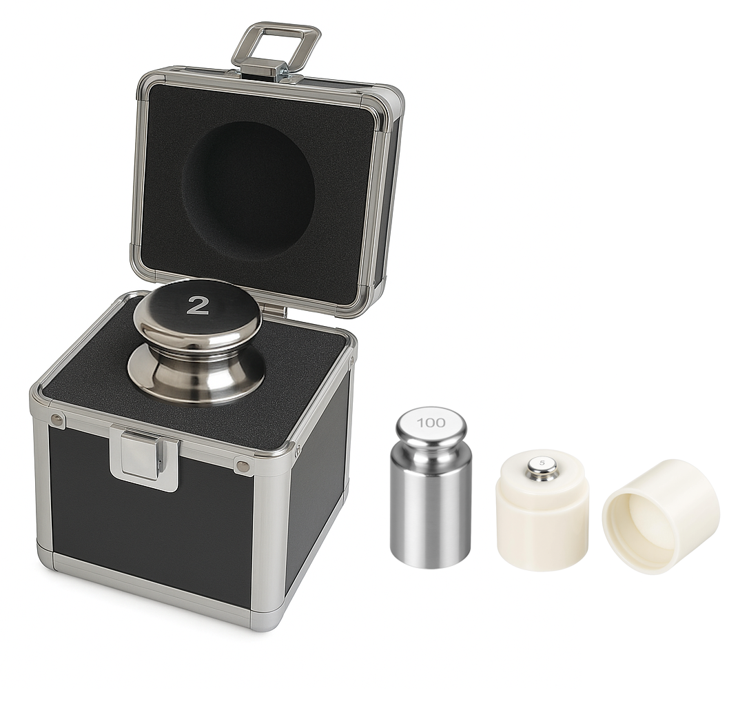Pesa de calibración de acero inoxidable – Clase F1, no magnética, con caja de ABS/aluminio