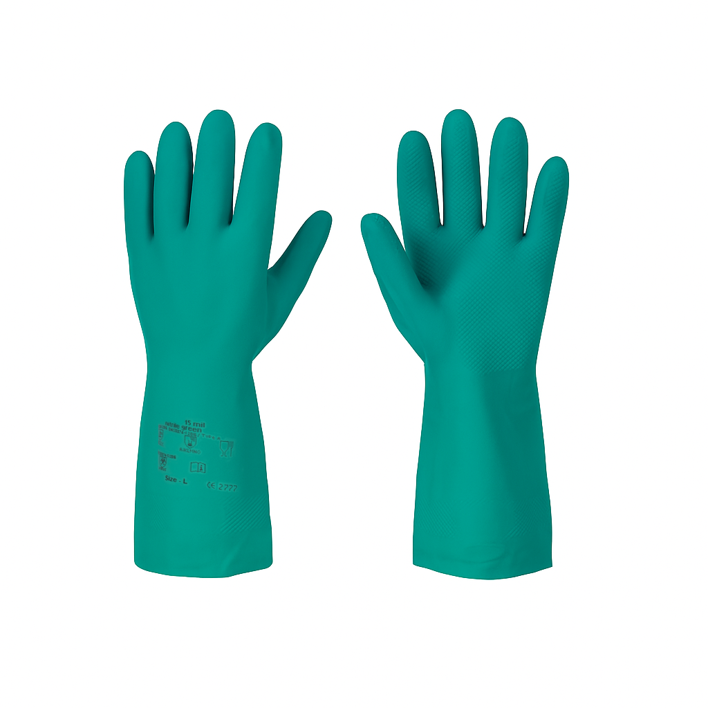 Nitrilhandschuhe – Grün, mit langer Stulpe, chemikalienbeständig, mit Baumwollfutter und strukturierter Oberfläche
