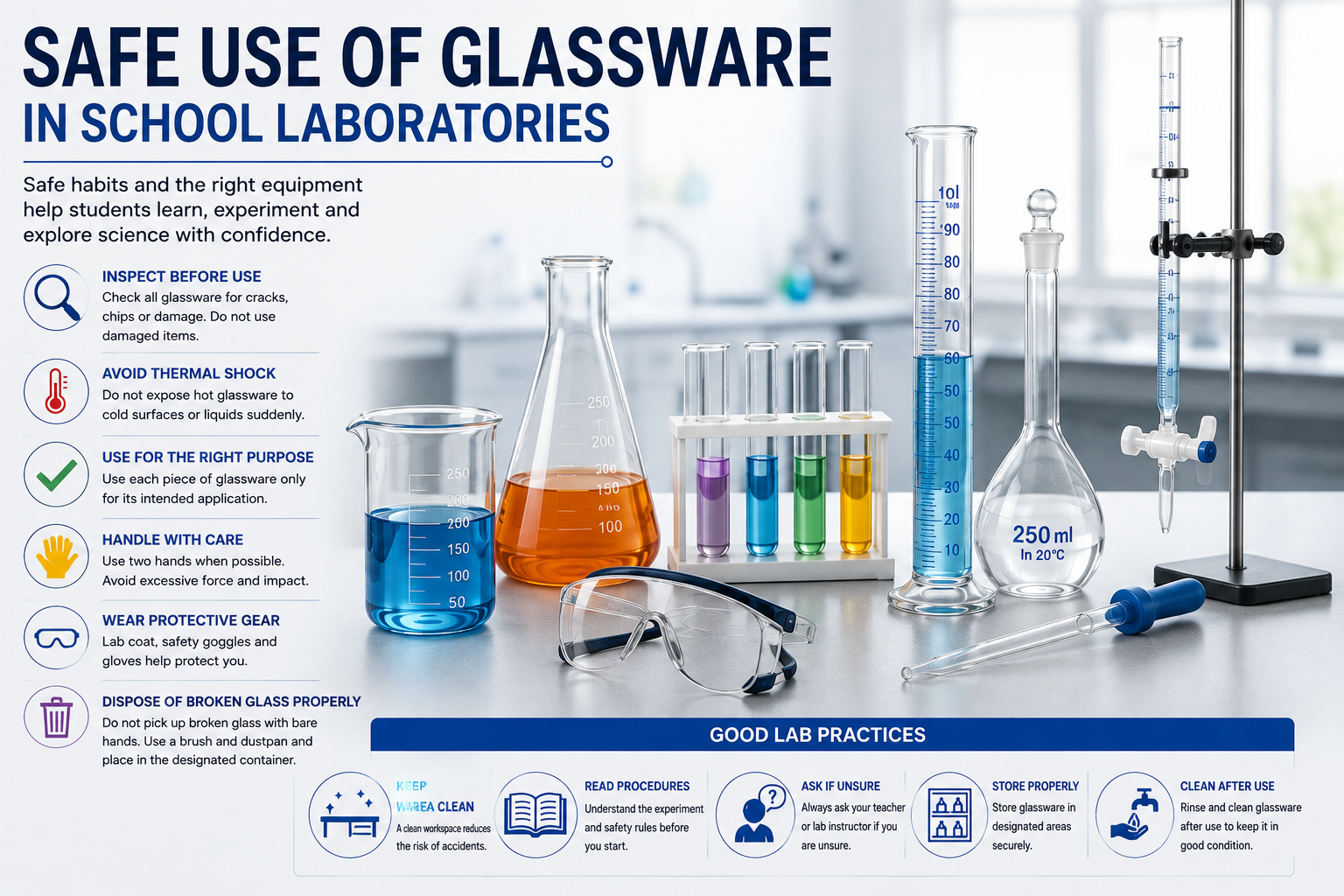 Uso seguro del material de vidrio en laboratorios escolares